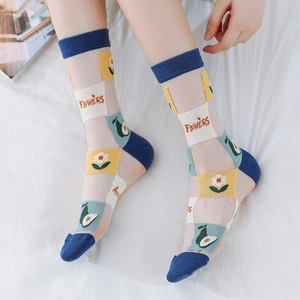 Japanese style sheer mesh mid-calf socks with colorful avocado and floral patterns