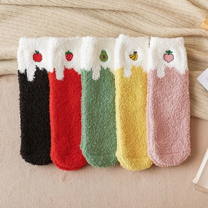 Five-pack of thick coral fleece winter floor socks with cute fruit embroidery designs