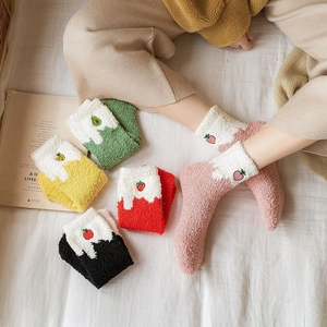 5-pack thick coral fleece winter socks for women with cute fruit embroidery in warm colors