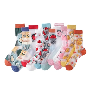 Set of 10 pairs women's thin sheer mesh socks with cute fruit and floral patterns