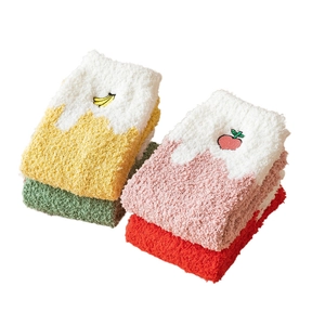Winter coral fleece thermal socks with fruit embroidery in yellow, pink, green and red