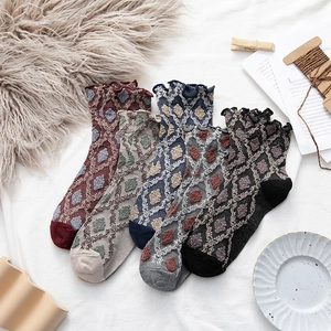 Five pairs of Japanese vintage cotton crew socks with argyle pattern and ruffle trim edges