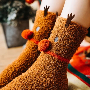 Plush coral fleece Christmas reindeer socks with 3D red pompom nose and felt antlers