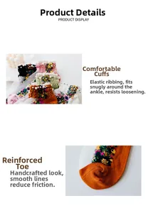 Detailed view of elastic ribbed cuffs and reinforced toe on floral cotton socks with pearls