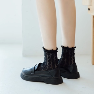 Detail of black polka dot mesh socks with ruffle trim paired with leather loafers