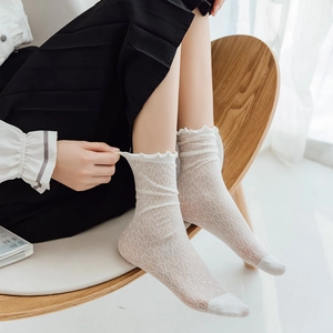 Close-up of white lace socks featuring intricate hollow patterns and ruffled cuffs