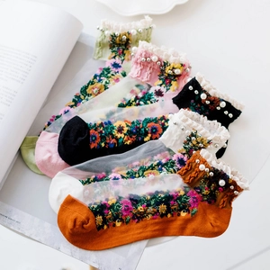 Floral embroidery sheer mesh socks with pearl trim in various pastel vintage colors