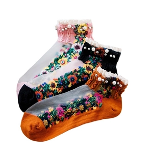 Chic women's mesh socks with floral embroidery, lace trim and pearl accents in three colors