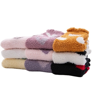 Thick coral fleece socks set for women in assorted colors with heart and polka dot patterns
