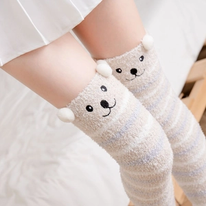 Thick coral fleece over-knee socks with cute animal face and striped plush texture