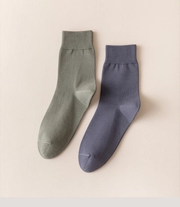 Close-up of olive green and grey blue mid-calf combed cotton socks with ribbed cuffs