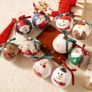 Detail of Christmas stocking gift set featuring fluffy socks in clear plastic ornaments