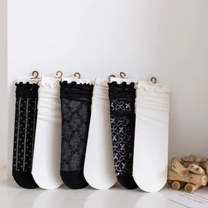 Women's Combed Cotton Slouch Socks With Sweet Lettuce Trim JK Style Mesh Lace Mid Calf Socks Solid Color White Black