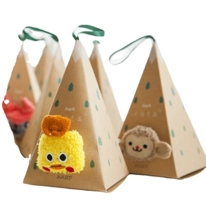Triangle kraft paper Christmas gift boxes with plush animal charms and green ribbons