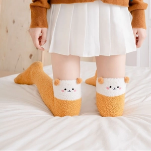 Women Winter Over Knee Fuzzy Socks Thick Warm Acetate Fiber Home Sleeping Socks Cartoon Animal Panda Bear Thigh High Socks