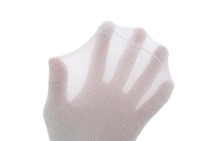 Close-up of white honeycomb mesh socks showing breathable fabric and high elasticity