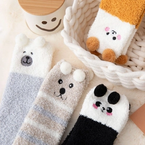 Plush coral fleece thermal socks with cute cartoon animal faces and 3D ears