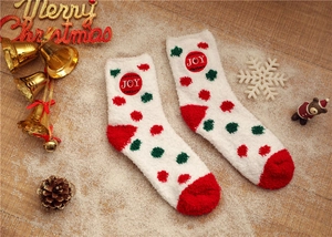 Detailed view of warm white coral fleece Christmas socks with red JOY embroidery and dots