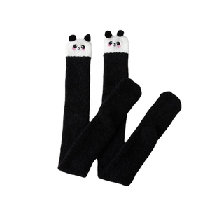 Thick black and white panda coral fleece over-knee socks for winter home warmth