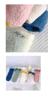 Detail of soft coral fleece socks with back bow tie in multiple pastel winter colors