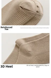 Detailed view of reinforced toe and 3D heel on khaki ribbed knit crew socks