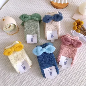 Women Thick Warm Coral Fleece Socks With Sweet Bow Decoration Acetate Fiber Mid-Calf Fuzzy Floor Home Winter Sleep Socks