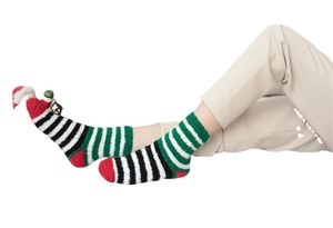 Thick coral fleece Christmas socks featuring festive stripes and cute Santa Claus ornaments