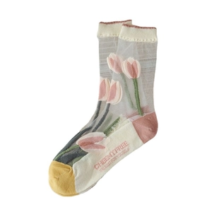Sheer tulle socks with pink tulip embroidery and wavy cotton cuffs on white background