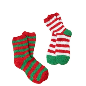 Christmas festive coral fleece socks with red and green winter stripes for home comfort