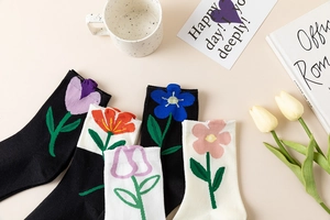 Detail shot of cotton crew socks with colorful tulip and sunflower jacquard patterns