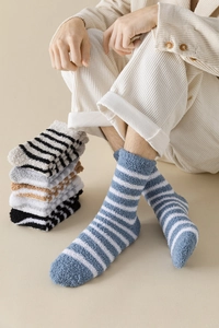 Thick coral fleece striped crew socks for men with ultra-soft fuzzy thermal texture