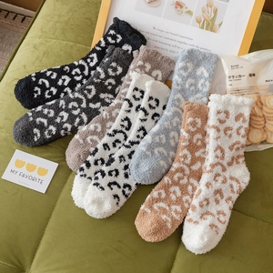 Women Leopard Print Coral Fleece Socks Winter Thickened Warm Fuzzy Home Sleep Socks Soft Long Floor Socks For Ladies