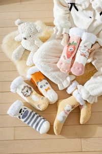 Cozy coral fleece winter socks with cute cartoon animal patterns and warm plush lining