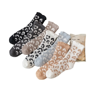 Thick coral fleece leopard print crew socks for winter warmth and home sleeping