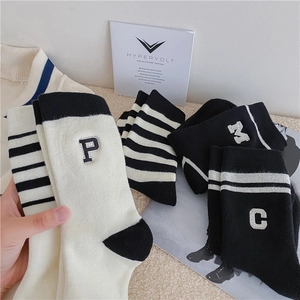 Women's Retro Athletic Mid-Calf Socks Warm Thickened Terry Cotton Embroidered Letter Striped Sporty Hosiery For Winter