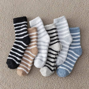 Men Winter Warm Coral Fleece Striped Socks Thick Fuzzy Sleep Floor Socks For Indoor Home Comfort Soft Mid Tube Socks