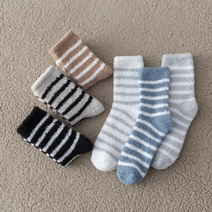 Thick striped coral fleece thermal home socks for men in six assorted neutral colors