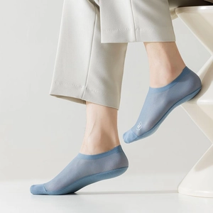 Denim blue ice silk no-show socks for men with breathable mesh and non-slip silicone design