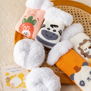 Thick coral fleece winter socks with cute cartoon animal designs and cozy sherpa lining