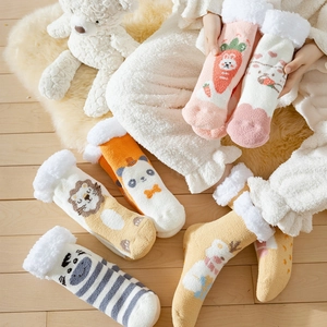 Women Cartoon Coral Fleece Thickened Warm House Socks Winter Anti-Slip Floor Socks Cute Animal Jacquard Sleeping Socks