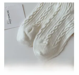 Close-up of white cable knit wool socks featuring a reinforced toe for winter warmth