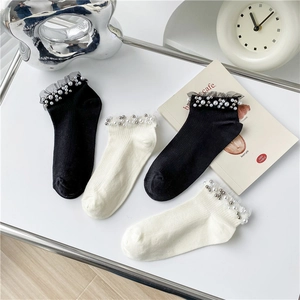 Damen Baumwollsocken mit Spitzenbesatz und Perlen in Schwarz und Cremeweiß