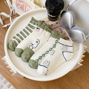 Detail shot of five pairs of Japanese style cotton ankle socks with cute animal patterns