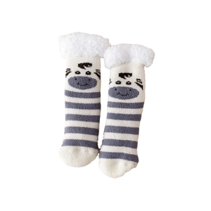 Thick coral fleece socks for winter featuring blue stripes and cute zebra design