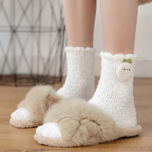 Plush coral fleece thermal socks with cartoon doll and cozy faux fur home slippers