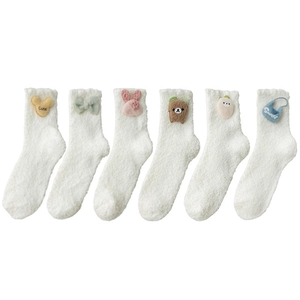 Set of six white coral fleece warm socks with cute 3D cartoon animal character patches