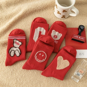 Women Red Mid-Calf Cotton Socks Festive New Year Christmas Theme Cartoon Bear Heart Smile Pattern Soft Breathable Crew Socks