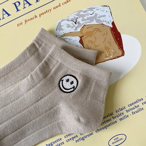 Détail de chaussette en coton kaki avec texture côtelée et broderie visage souriant