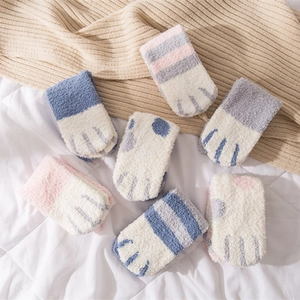 Winter cartoon blue cat paw coral fleece thermal socks for women in soft macaron colors