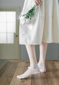 Detail of white floral lace ankle socks with breathable mesh and scalloped edges